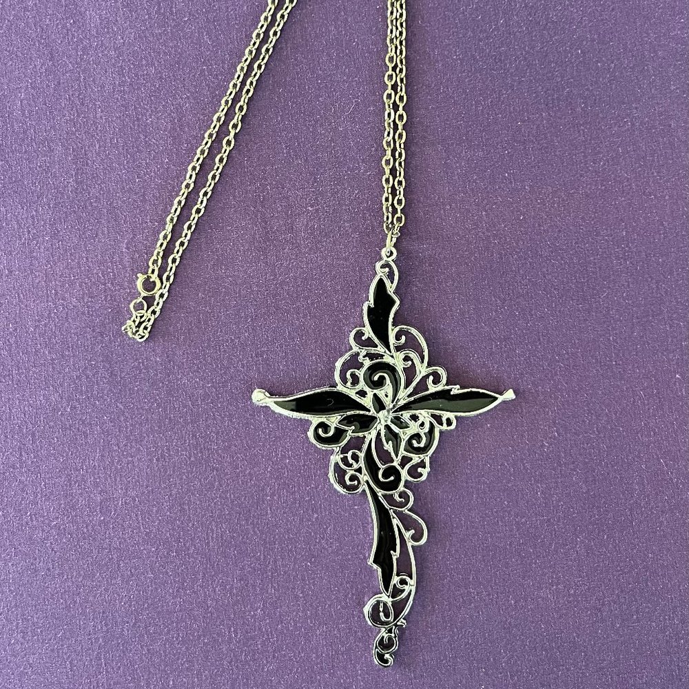 Vintage Ornate Filigree Silver-Tone/Enamel Cross Necklace By Luna